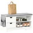 Cipőtároló pad, előszoba cipőtartó, MDF, 2 polc, 2 fiók, 1 oldalzseb, fehér, 80,5x30,5x43,5 cm