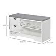 Cipőtároló pad, előszoba cipőtartó, MDF, 2 polc, 2 fiók, 1 oldalzseb, fehér, 80,5x30,5x43,5 cm