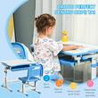 Íróasztal székkel 6-12 éves gyerekeknek, iskolapad, állítható magasságú, PP, MDF, acél, dönthető tetejű, kék