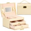 Ékszerdoboz, MDF, ökológiai bőr és velúr, krém és rózsaszín, tükörrel, 17,5x14x12,5 cm, Springos