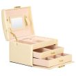 Ékszerdoboz, MDF, ökológiai bőr és velúr, krém és rózsaszín, tükörrel, 17,5x14x12,5 cm, Springos