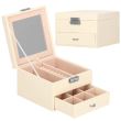 Ékszerdoboz, velúr és ökológiai bőr, krém és rózsaszín, tükörrel, 16x16x11 cm, Springos