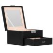 Ékszerdoboz, velúr és ökológiai bőr, fekete és rózsaszín, tükörrel, 16x16x11 cm, Springos
