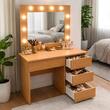 Masa de toaleta/machiaj, Irina, stejar + scaun Mark, bej, cu oglinda si LED-uri, 94x43x141 cm (146593)