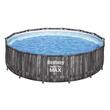 Fémszerkezetes medence, kerek, szűrővel, pumpával, létrával, ponyvaburkolattal, fa modellel, szürke, 427x107 cm, Bestway Steel Pro
