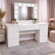 Masa de toaleta/machiaj, Antonia + scaun Lago, alb, cu oglinda si LED-uri, 155x42x135 cm (146289)