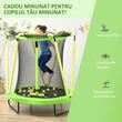 Gyerek trambulin 3-10 éves korig, 140x155 cm, védőhálóval, kosárlabda karikával, 20 db színes labdával, zöld és sárga, max 50 kg