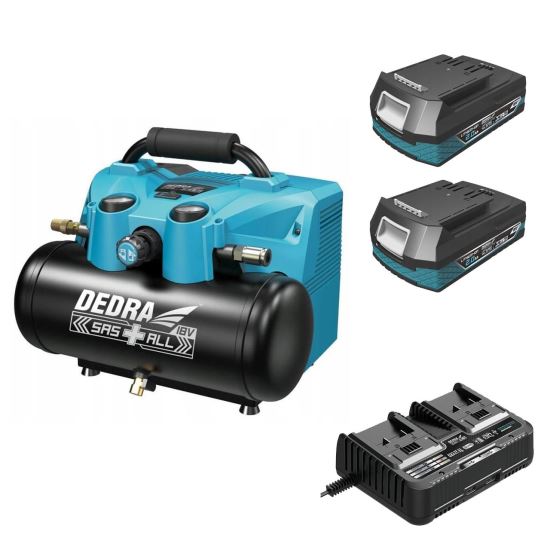 Hordozható kompresszor, 2 db 2 Ah akkumulátorral, 2x18V Li-ion töltővel, 6 L, 8 bar, SAS + ALL, Dedra