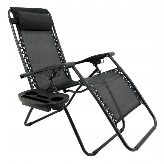 Kerti napágy, fém, állítható, italtartóval, max 120 kg, fekete, 176x80 cm