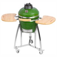 Faszén kerti grill, körgrill, kerámia, kerekekkel, fedéllel, polcokkal, zöld, 40x97,5 cm, Kamado Egg 16