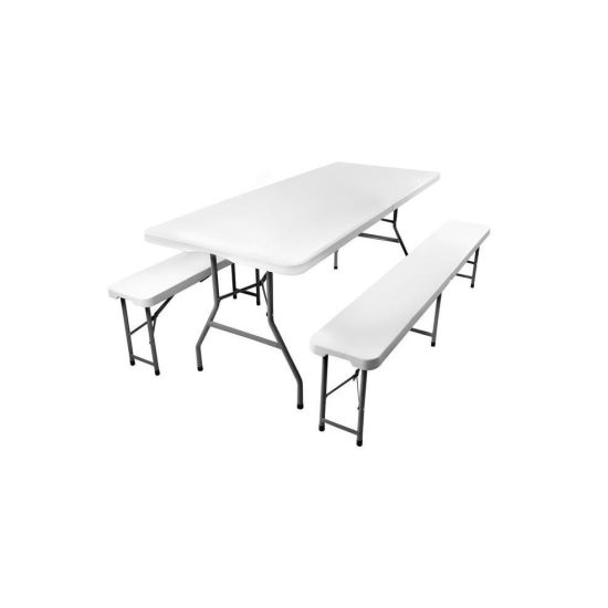 Kerti / terasz bútor garnitúra, összecsukható, 1 asztal, 2 pad, fehér, 180x74x74 cm / 180x30x45 cm, Malatec