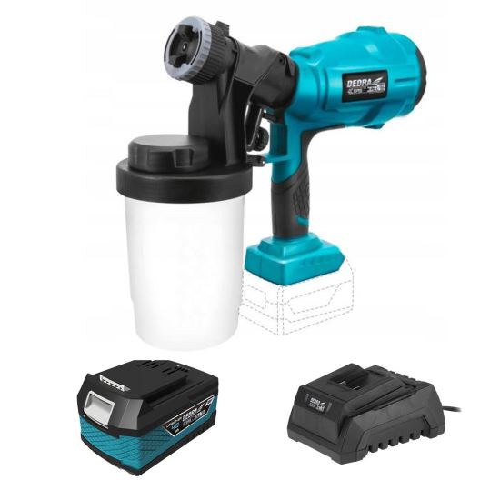 Festőpisztoly, 4 Ah akkumulátorral, 18V Li-ion töltővel, 2,0-2,5 mm-es fúvókával, 900 ml, SAS + ALL, Dedra