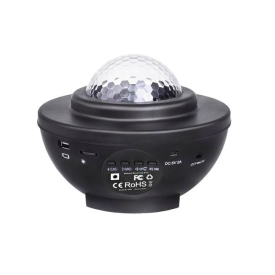 Éjjeli lámpa projektorral, zene, LED, távirányító, bluetooth, USB töltés, fekete, 17x13 cm, Isotrade