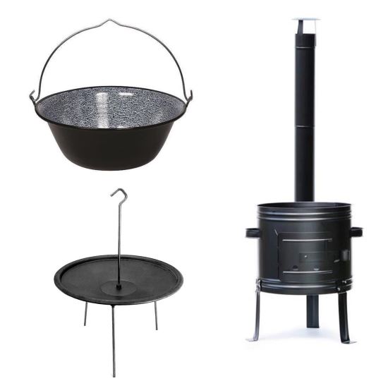 Tűzhely, bojler, zománcozott fazék 30 L, öntöttvas tárcsa 50 cm, cső, könyök, 50x67 cm
