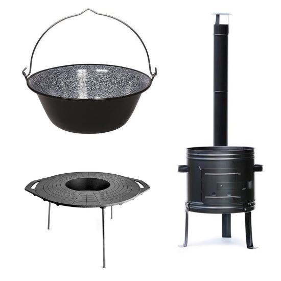 Tűzhely, bojler, zománcozott üsttel 30 L, öntöttvas korong 52 cm, cső, könyök, 50x67 cm