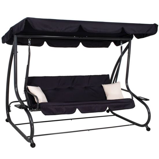 Kerti hinta, 4 ülőhely, fekete, 220x120x162 cm, ágy funkció, Linda