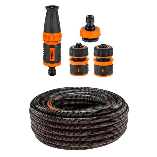 Kerti tömlő, csavarodásgátló, 6 rétegű, 30 m, fúvókával és 3 tartozékkal, 1/2", NEO