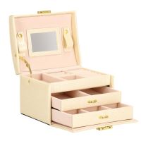 Ékszerdoboz, MDF, ökológiai bőr és velúr, krém és rózsaszín, tükörrel, 17,5x14x12,5 cm, Springos