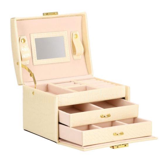 Ékszerdoboz, MDF, ökológiai bőr és velúr, krém és rózsaszín, tükörrel, 17,5x14x12,5 cm, Springos