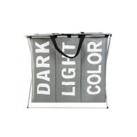 Szennyes kosár, 3 rekeszes, összecsukható keret, pamut + PE, fehér és szürke, 130 L, 64,5x36,5x58 cm, Isotrade