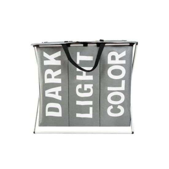 Szennyes kosár, 3 rekeszes, összecsukható keret, pamut + PE, fehér és szürke, 130 L, 64,5x36,5x58 cm, Isotrade