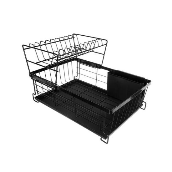 Edényszárító, lefolyó, konyha, 2 szintes, fém és műanyag, fekete, 43x29x27 cm, Ruhhy