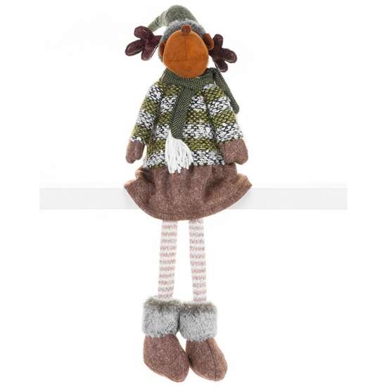 Karácsonyi dekoráció, rénszarvasarc szoknyában, szövet, zöld-barna, 21x14x70 cm, MagicHome