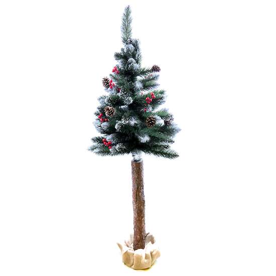 Hóhatású műfenyő, natúr fa törzs, támasztékkal, díszekkel, 150 cm, Jumi