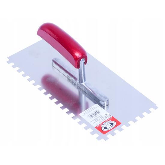 Glettvas acél simító, fogakkal 10x10 mm, fa nyél, 28x13 cm, Olejnik