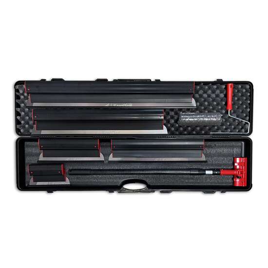 5 db Glett lehúzó, rozsdamentes acél, 25, 40, 60, 80, 100 cm,  teleszkópos nyél 0.09-1.43 m, glettelo henger nyellel, táska, Ergoplast