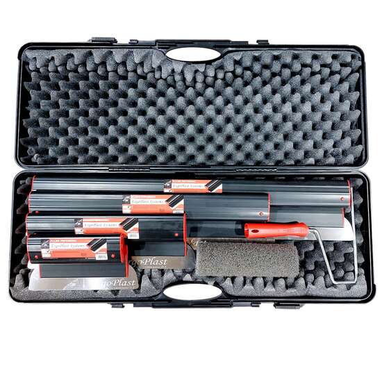 4 db Glett lehúzó, rozsdamentes acél, 25, 40, 60, 80 cm, glettelo henger nyellel, táska, Ergoplast