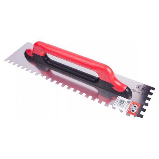 Glettvas acél simító, fogakkal 8x8 mm, Super Profi, 13x48 cm, hosszú puha nyél, Olejnik