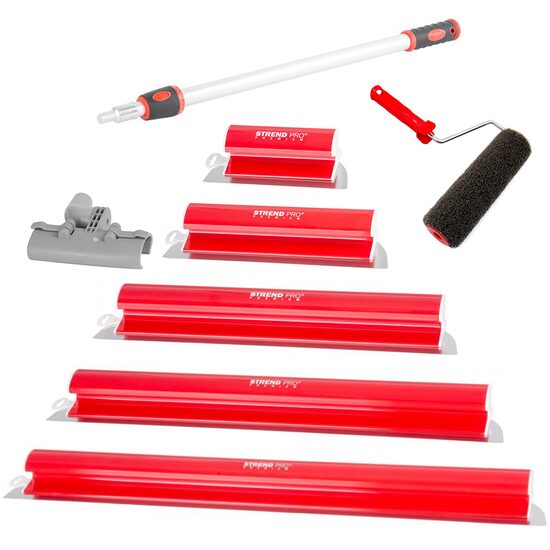 5 db Glett lehúzó, rozsdamentes acél, 25, 40, 60, 80, 100 cm, adapter,  teleszkópos nyél 0.8-1.4 m, glettelo henger nyellel, Strend Pro