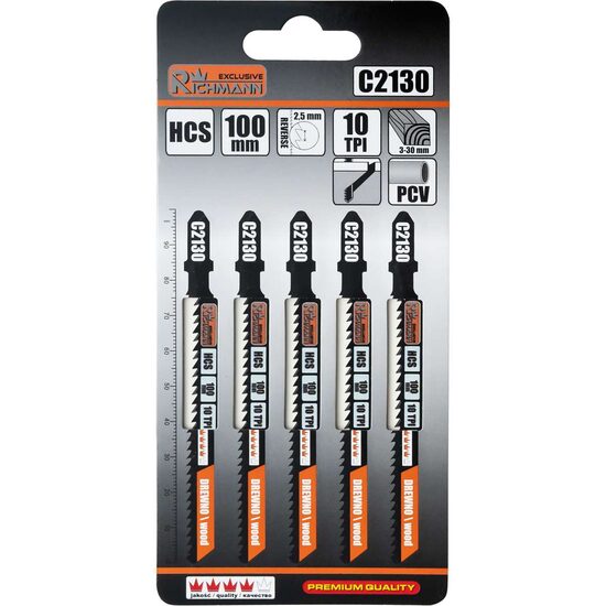 Fűrész, penge, lengőfűrész, fához, HCS, T-típusú bilincs, fordított fogak, 10 TPI, 5 db-os készlet, 100 mm, Richmann