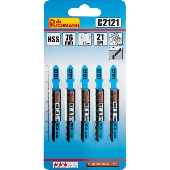 Fűrész, penge, lengőfűrész, fémhez, HSS, T-alakú, 21 TPI, 5-ös készlet, 76 mm, Richmann