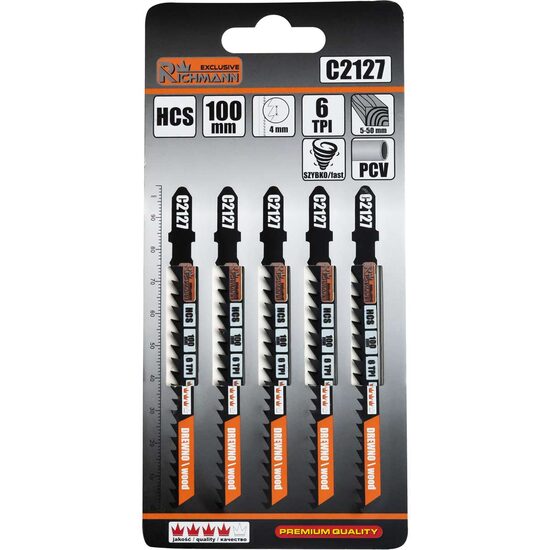 Fűrészlap, lengőfűrész, fához, HCS, T-típusú bilincs, 6 TPI, gyorsvágás, 5 db-os készlet, 100 mm, Richmann