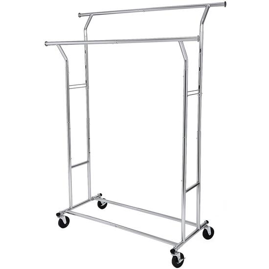 Mobil ruhatartó kerekekkel, Songmics, állítható, fém, ezüst, max 110 kg, 129x55x148 cm