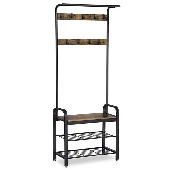 Cipőtartó 2 polccal, Vasagle, pad, halvány és fém, fekete, 72x33,7x183 cm