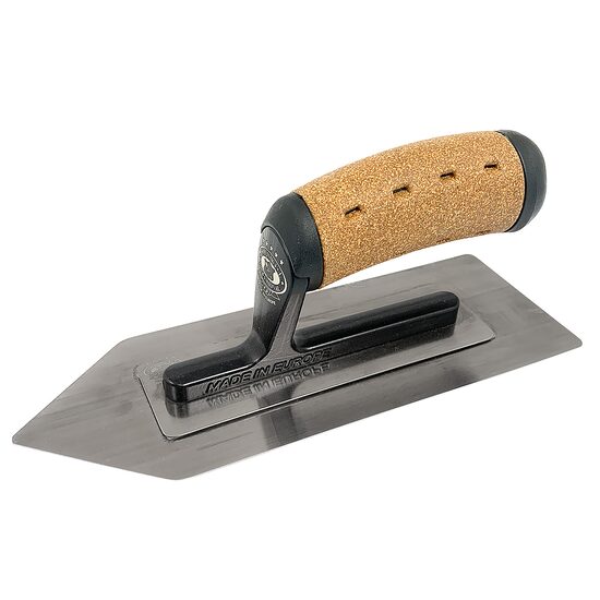 Glettvas acél simító, hegyes Velencei stukkó csempe, parafa nyél, 240x86x0,3 mm,Olejnik