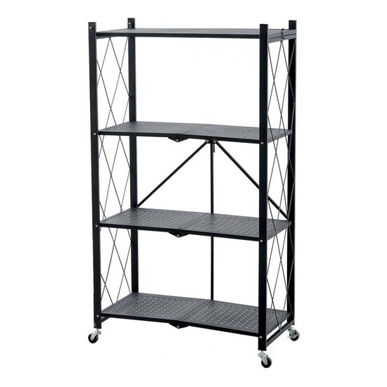 Tárolópolc, MagicHome, fém, összecsukható, kerekeken, 4 polc, fekete, max 200 kg, 72x34x127 cm