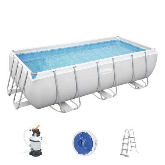 Fém szerkezetű úszómedence, téglalap alakú, homokpumpával, létrával, adagolóval, szürke, 404x201x100 cm, Bestway Power Steel