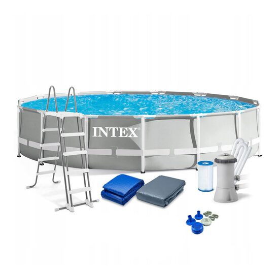 Fém szerkezetű medence, kerek, szűrővel, pumpával, létrával, ponyvaburkolattal, szürke, 457x107 cm, Intex Prism Frame
