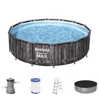 Fémszerkezetes medence, kerek, szűrővel, pumpával, létrával, ponyvaburkolattal, fa modellel, szürke, 427x107 cm, Bestway Steel Pro