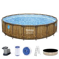 Fém szerkezetű úszómedence, kerek, szűrővel, pumpával, létrával, adagolóval, ponyvaburkolattal, fa modellel, barna, 549x122 cm, Bestway Power Steel