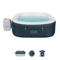 Jacuzzi medence, felfújható, négyzet alakú, pumpával és szűrővel, ponyva burkolat, adagoló, kanárikék-fehér, 778 L, 4-6 személyes, 180x180x66 cm, Bestway Lay-Z Spa