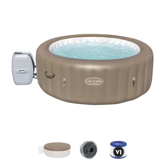 Jacuzzi medence, felfújható, kerek, pumpával és szűrővel, ponyva fedővel, adagolóval, barna, 778 L, 4-6 személyes, 196x71 cm, Bestway Lay-Z Spa