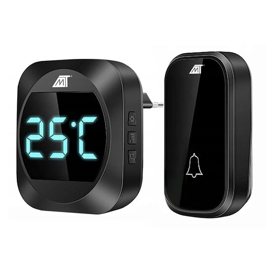 Vezeték nélküli csengő, Malatec, 200 m, 52 hang, hálózati táp, LCD kijelző, hőmérséklet kijelző, fekete, IP44, 7,5x4,5x1,7 cm