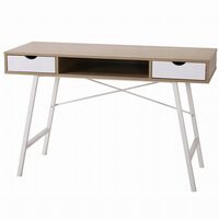 Számítógép asztal, Jumi, MDF lap, acél, 2 fiókos, fehér és natúr, 120x48x76 cm