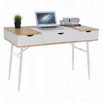 Számítógép asztal, Jumi, MDF lap, acél, fiókkal, belső rekeszekkel, fehér és natúr, 120x60x77 cm