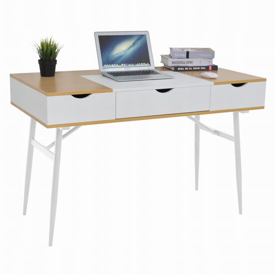 Számítógép asztal, Jumi, MDF lap, acél, fiókkal, belső rekeszekkel, fehér és natúr, 120x60x77 cm